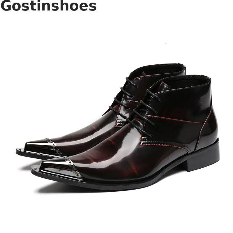 Martin Boots Brown Genuine Leather Lace-up Fashion Men Winter Pointed Metal Capped Toe Short Ankle Height Increased | Обувь