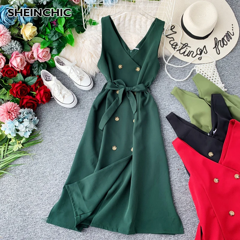 Sexy Double Breasted Deep V-neck Sleeveless Women Dress 2020 Spring Summer Green/Black/Yellow/Red For Female New Vestidos | Женская