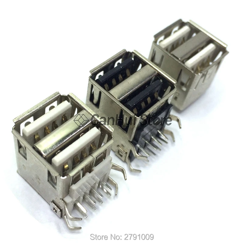 Venta Conector de soldadura doble USB tipo A hembra, conector PCB, USB-A, 90 grados/180 grados, 4 pines, 10 Uds. dV59EOyk9