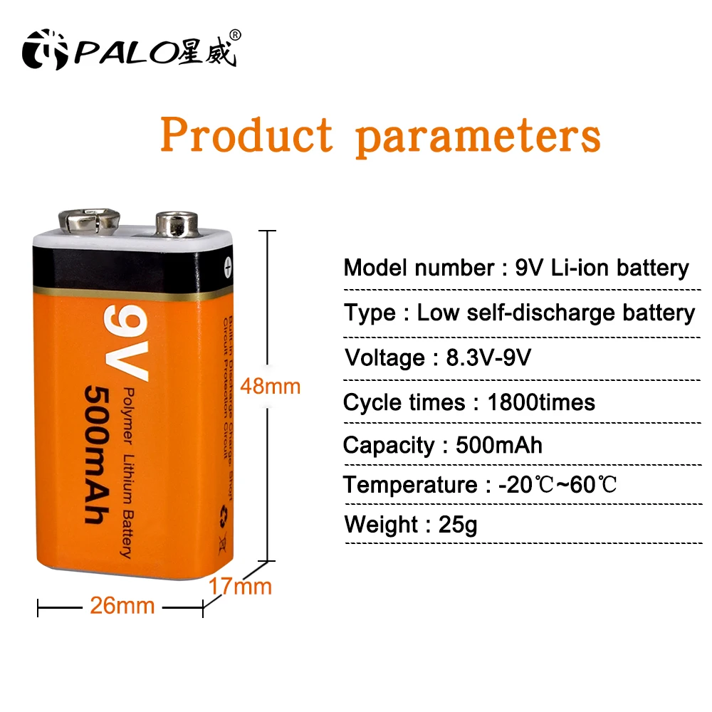 PALO 9V Rechargeable Battery 500mAh 9V Lithium rechargeable battery 9v 6f22 Li-ion batteries for Mrophone 9v Battery