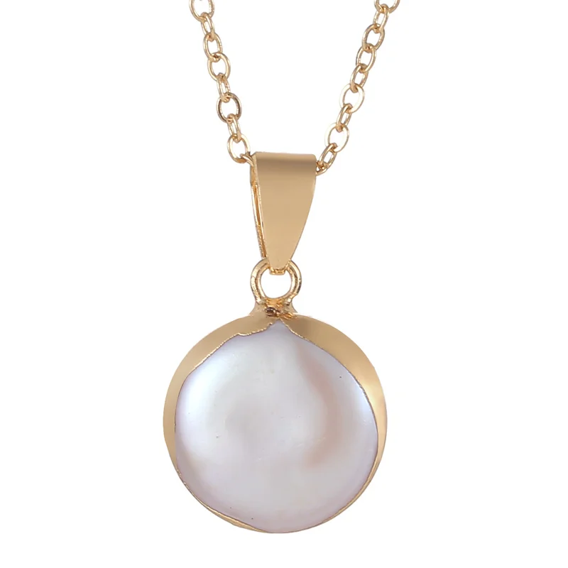 

Irregular Natural Freshwater Pearl Pendant Necklace for Women Flat Round with Gold Edge Wrapped