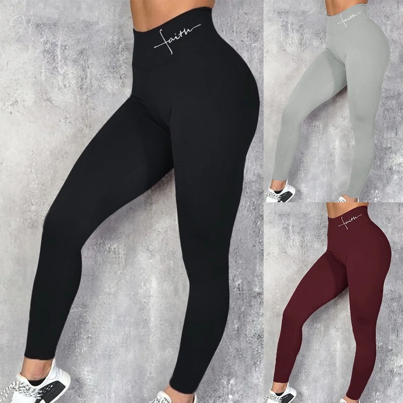 Mallas Push Up de Fitness para mujer, Leggings lisos, Sexy, de cintura alta, elásticos, ajustados, estampado de letras, mallas de entrenamiento, gimnasio
