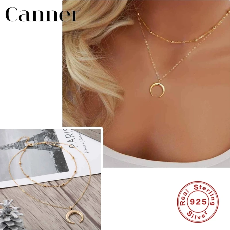 

Canner 925 Sterling Silver Gold Color Necklaces Moon Layered Chain Necklace For Women Delicate Choker Collar Fine Jewelry W5