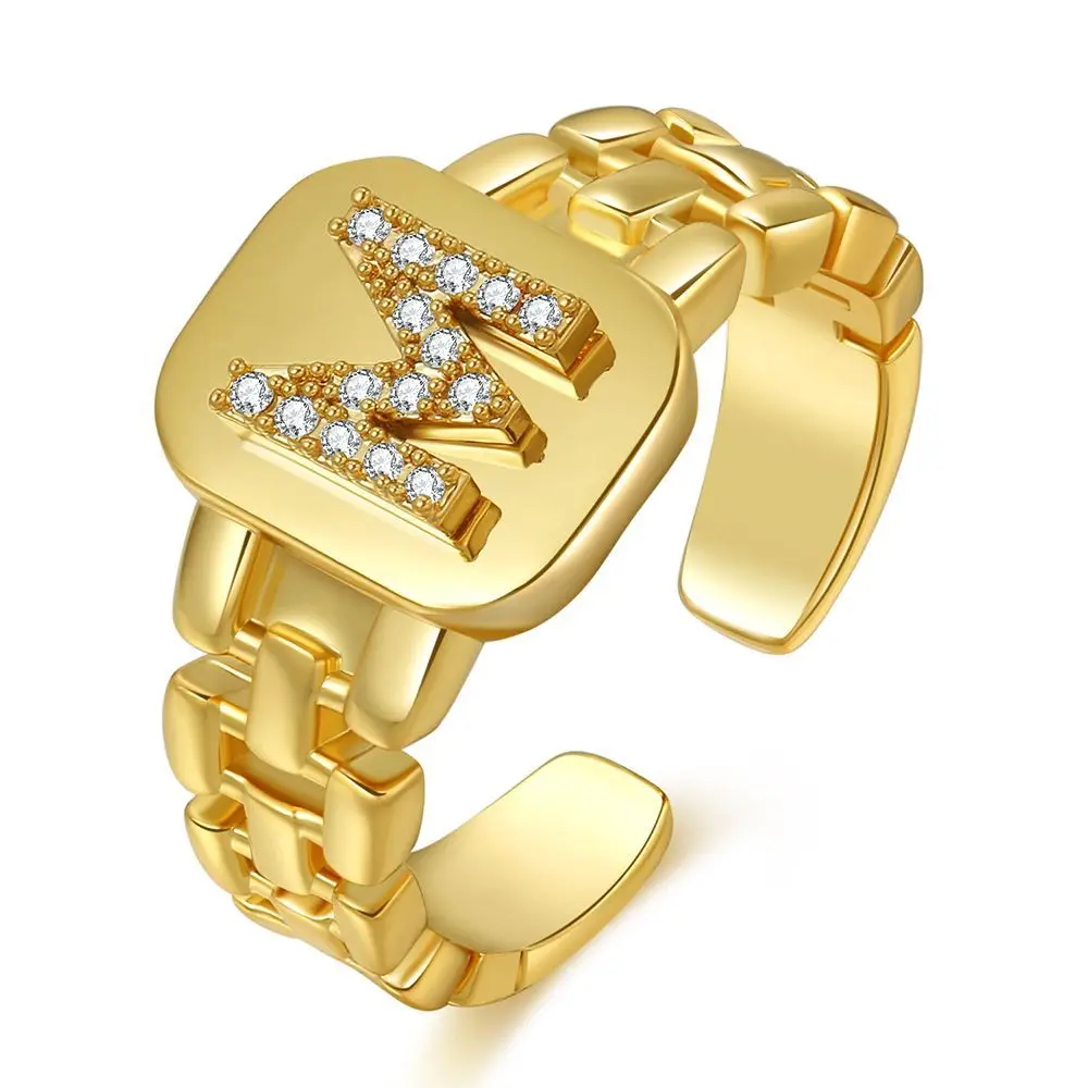 

Wholesale luxury jewelry ring initials diamond strap open ring girl hip hop party retro adjustable ring ladies gift