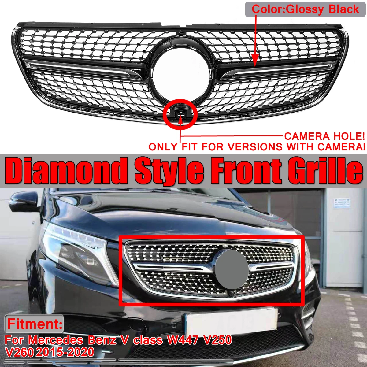 Diamant Grill Mesh W447 Auto Kuhlergrill Grill Mit Kamera Fur Mercedes Fur Benz V Klasse W447 V250 V260 2015 2020 Schwarz Chrom Racing Grills Aliexpress