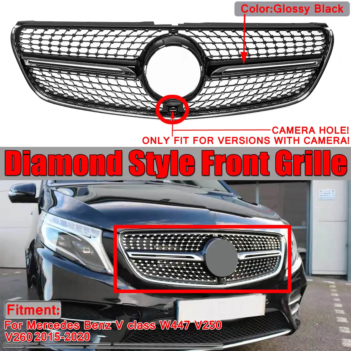 Diamant Grill Mesh W447 Auto Kuhlergrill Grill Mit Kamera Fur Mercedes Fur Benz V Klasse W447 V250 V260 2015 2020 Schwarz Chrom Racing Grills Aliexpress