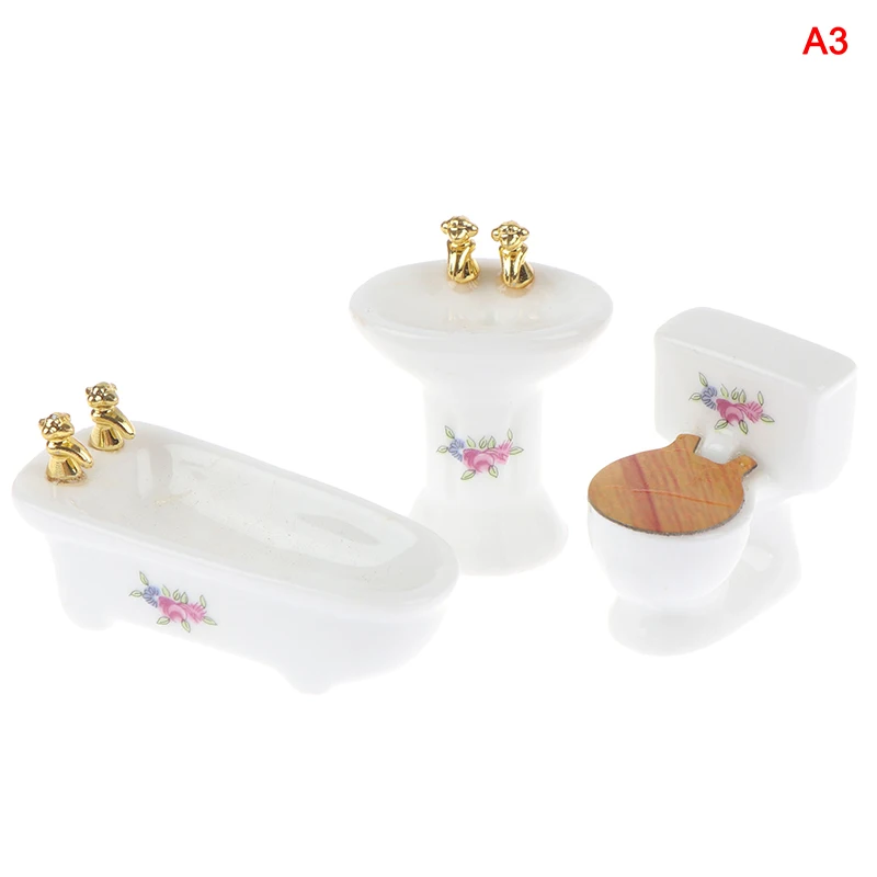 1Set(3pcs) 1/24 Dollhouse Miniature Bathroom Set Ceramic Bathtub Toilet for Dolls House Furniture Play Toy 3Styles