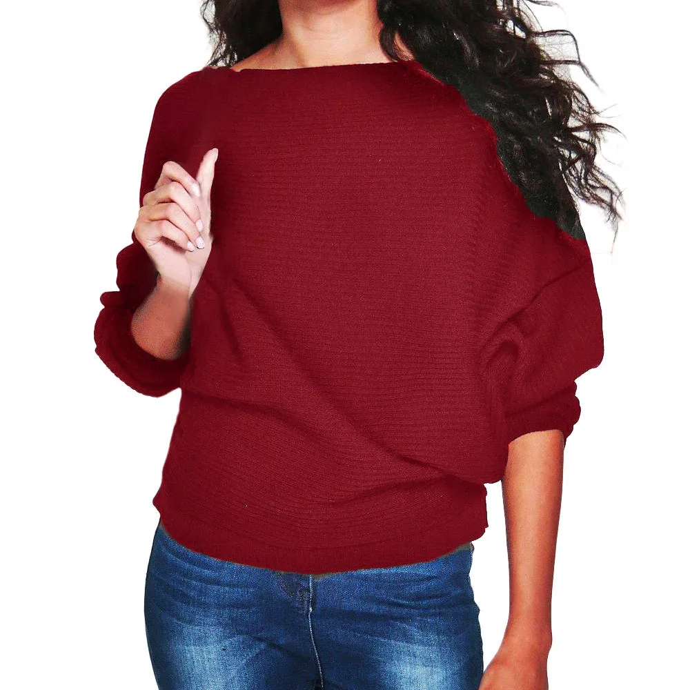 JAYCOSIN свитер с круглым вырезом, однотонный вязаный зимний женский вязаный пуловер с рукавом летучая мышь, свободный свитер, джемпер, топы, трикотаж - Цвет: Wine