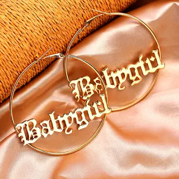 

BYNOUCK Simple Babygirl Letter Hoop Women's Earrings Pendant Unique Gold Silver Color Big Circle Earrings Femme Fashion Jewelry