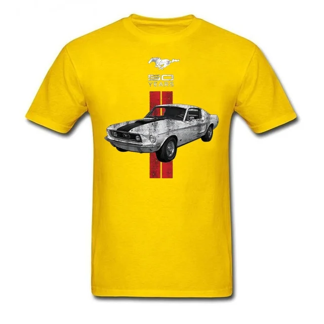 Цвет: желтый Men Mustang 50 Years Classic Car Logo Men T-shirt Ford Mustang Men's T-shirt Short Sleeve Sturdy Muscle Basic Solid Blouse Tee - Цвет: Цвет: желтый