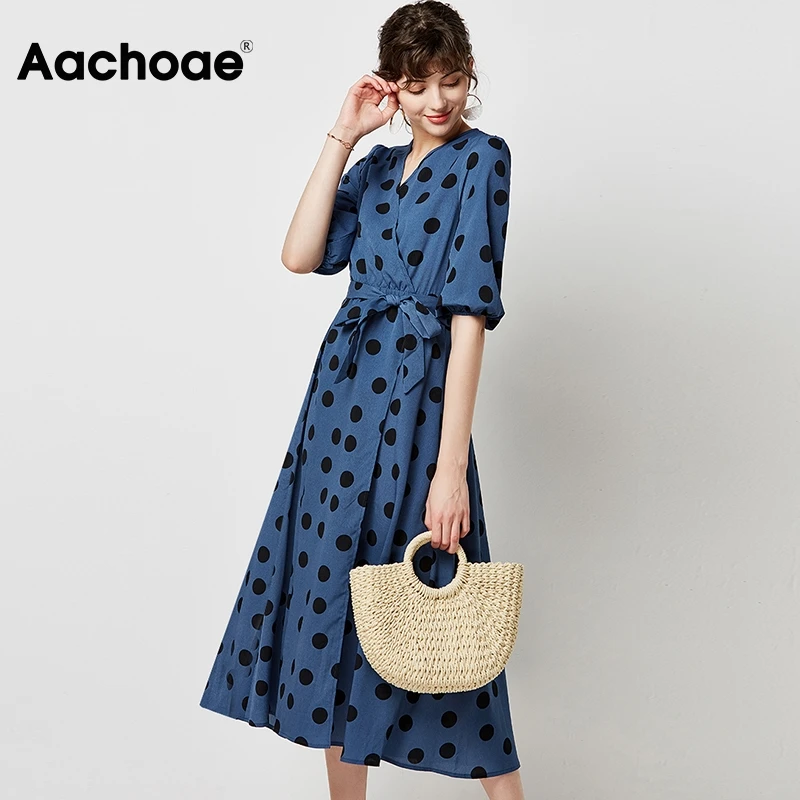 Aachoae Women Elegant A Line Long Dress 2020 Vintage Polka Dot V-neck Party Dress Lantern Sleeve Midi Casual Dresses Robe Femme Aachoae Women Elegant A Line Long Dress 2020 Vintage Polka Dot V-neck Party Dress Lantern Sleeve Midi Casual Dresses Robe Femme