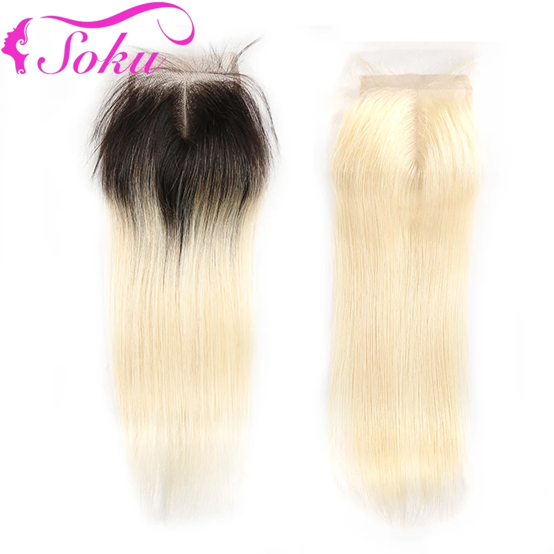 

Honey Blonde Brazilian Straight Lace Closure 4*4 Ombre Blonde Free/Middle Part Lace Closure With Baby Hair SOKU Remy Hair
