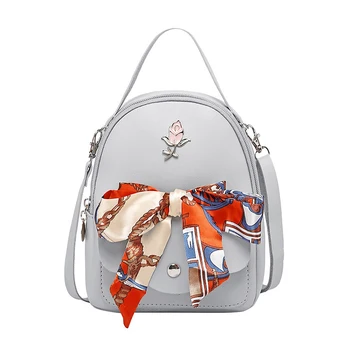 

With Handle Women Backpack Shoulder Bag Silk Scarf Bowtie Shopping Fashion Adjustable Straps Casual PU Leather Mobile Phone