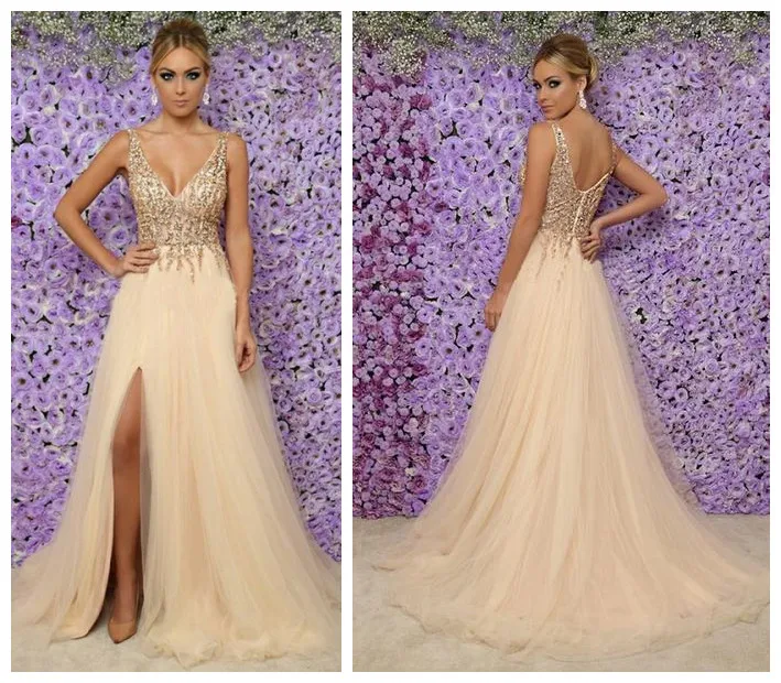 

Robe De Soiree Side Split Beading Evening Dress Spaghetti Strap V Neck Sleeveless Long Womens Evening Gown Dress Fomal Dress