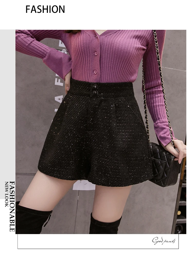 REALEFT Autumn Winter Street Woolen Short High Waist Vintage Party Wide Leg Pants Casual Short Pant Female Pocket New