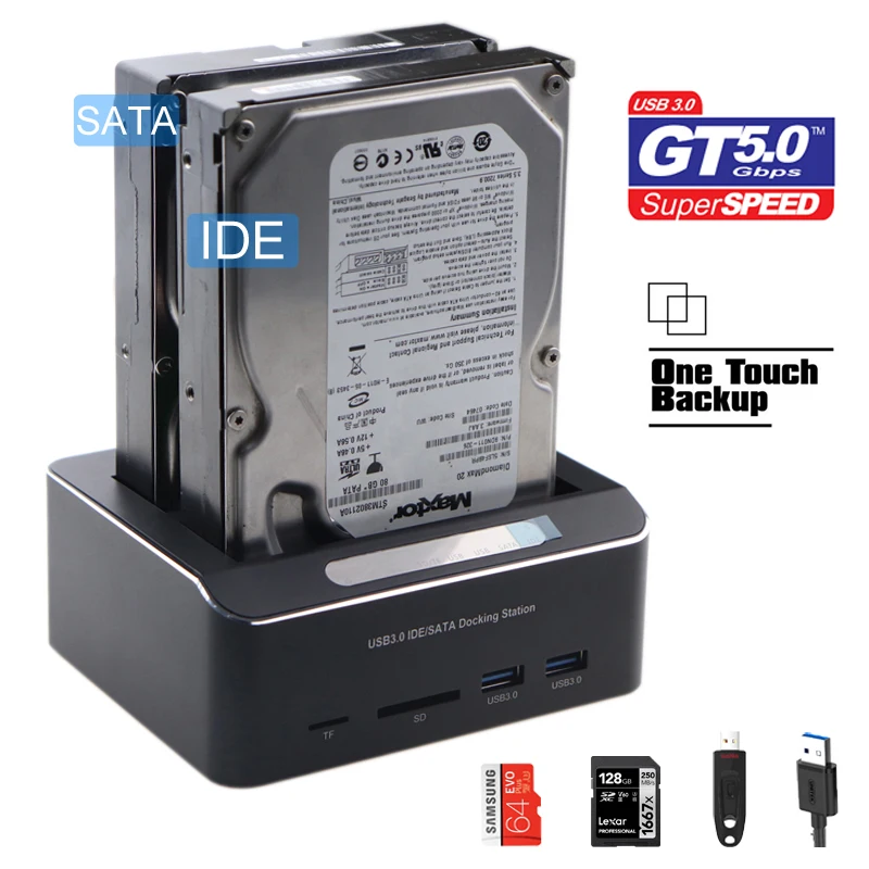 Dual Bay USB 3,0 на SATA IDE/SATA внешняя док-станция для жесткого диска с 2-Порты и разъёмы ступицы колеса и кард-ридер для 2,5/3,5 дюймов SATA/IDE/SATA HDD