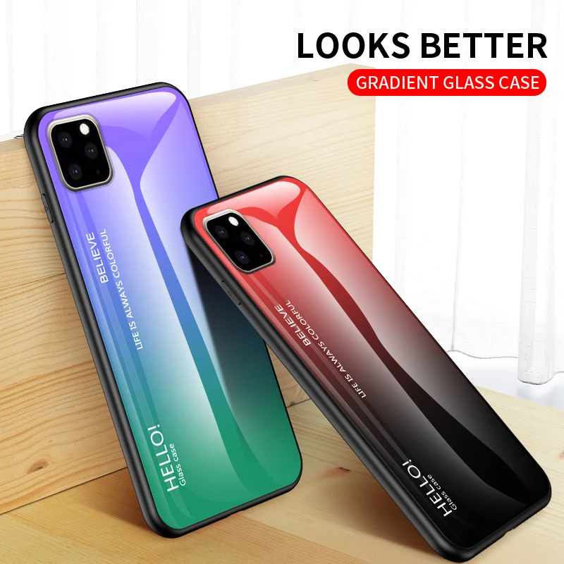 

Gradient Color Tempered Glass Phone Case For iPhone X XR 11 Pro XS Max Case For iPhone 8 7 6S 6 Plus 5 5S SE Cover Hard Cases