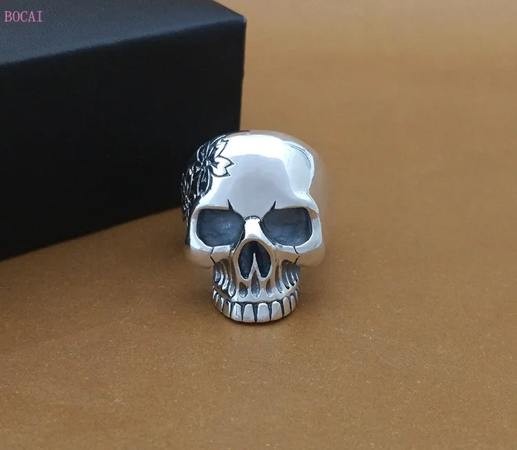 BOCAI S925 Sterling Silver Jewelry Manual Restoration Thai Silver Personality Ring Male Money Cherry Blossoms Skull Ring For Men