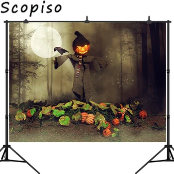 

Scopiso Horrible Halloween photography backdrops Mystery Night Gloomy forest background Moon Night Scarecrow Pumpkins Photo