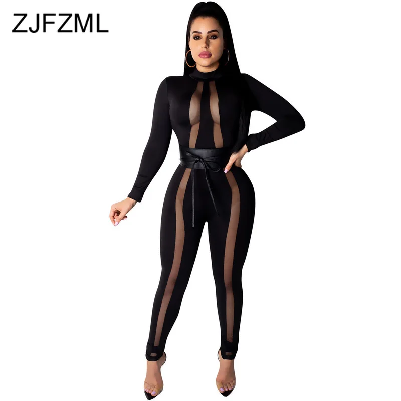 

Transparent Mesh Patchwork Back Cut Out Sexy Overalls for Women Black PU Belt One Piece Jumpsuit Long Sleeve Bodycon Club Romper