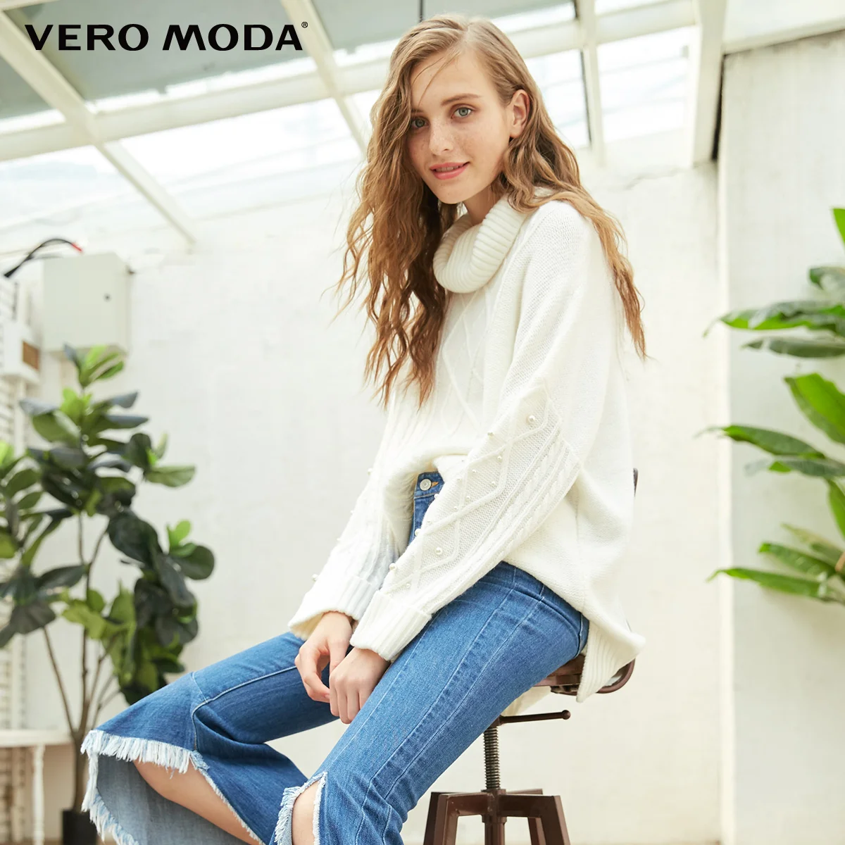 Vero Moda Женский пуловер с высоким воротником Свободный витой с открытыми плечами вязаный свитер | 318313502