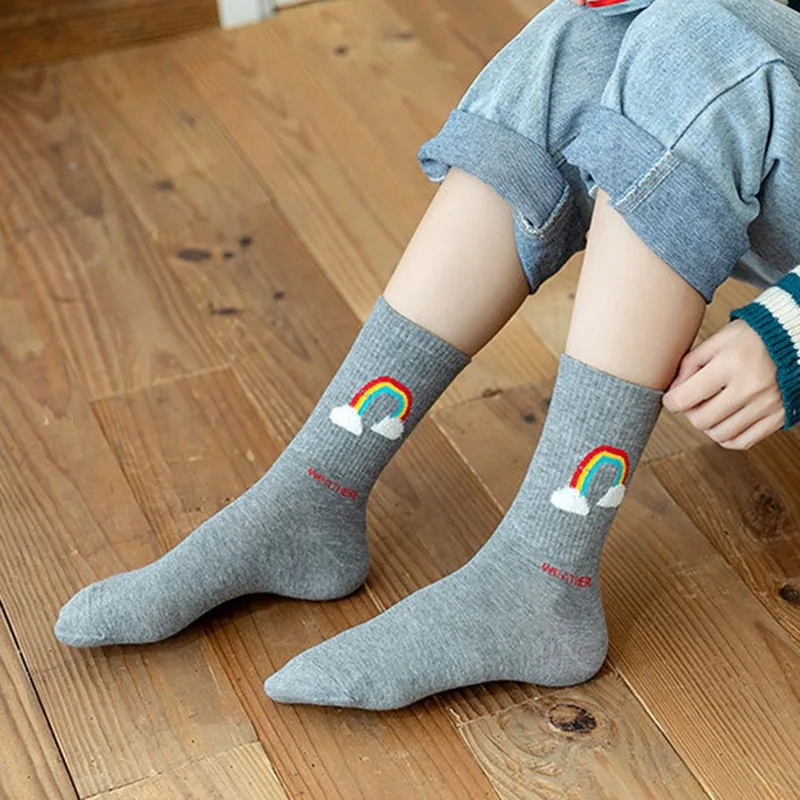 5 пар уличных женских носков, носки с изображением солнца, Луны, ветряной мельницы, радуги, носки с рисунками из мультфильмов, Чулочные изделия с вышивкой в стиле Харадзюку, носки с рисунками из мультфильмов