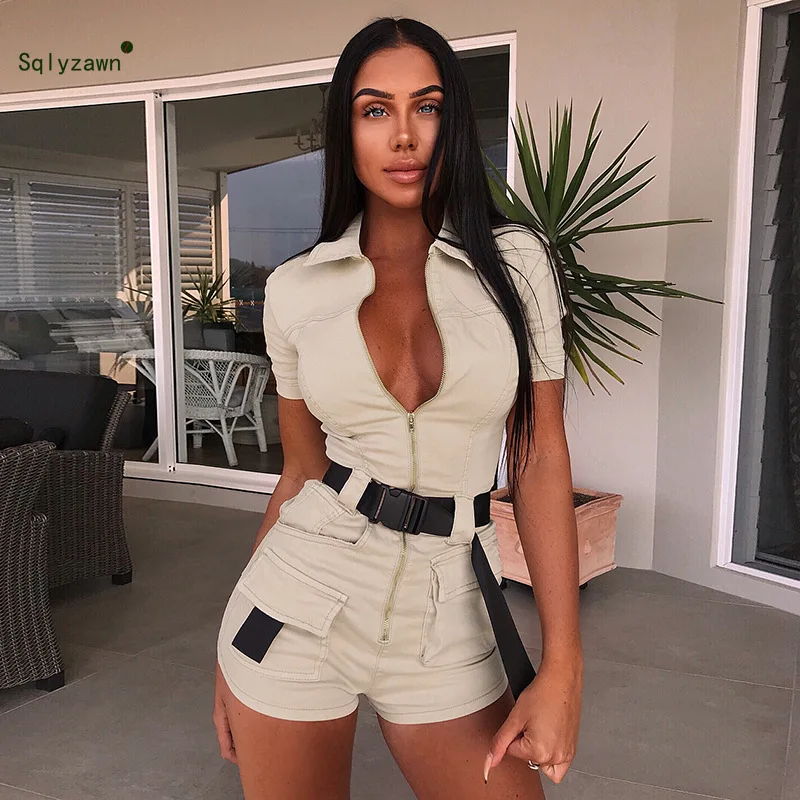 

Fitness Khaki Bodycon Playsuit Women Short Sleeve Zipper Pockets with Sash Rompers Summer 2019 Cargo Shorts Streetwear Jumpsuits