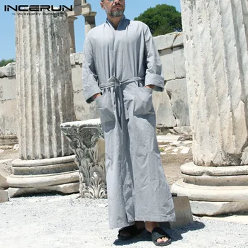 

INCERUN Striped Men Robes Long Sleeve Lace Up V Neck Muslim Kaftan Robes Split Hem Pockets Bathrobes Homewear Nightgown S-5XL