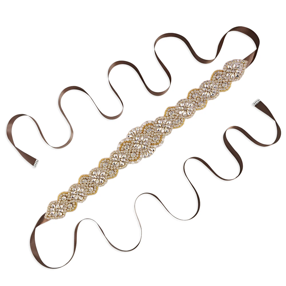 brown TRiXY S161B-G, золотые стразы, свадебный пояс, бриллианты, Свадебный ремень, аксессуары для свадьбы, свадебные пояса, свадебные аксессуары - Цвет: brown