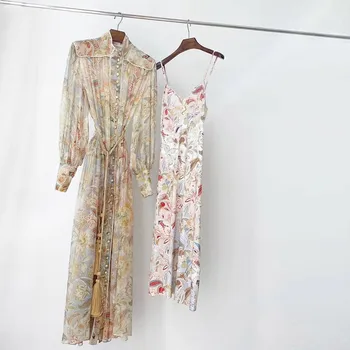 

High Quality Natural Silk Runway Fashion 2020 Autumn Australia Designer Lantern Sleeve Elegant Vintage Long Brand Dress