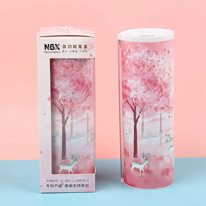 

Creative Quicksand Translucent Multifunction Cylindrical Pencil Box With Pink Blue Calculator School Stationery