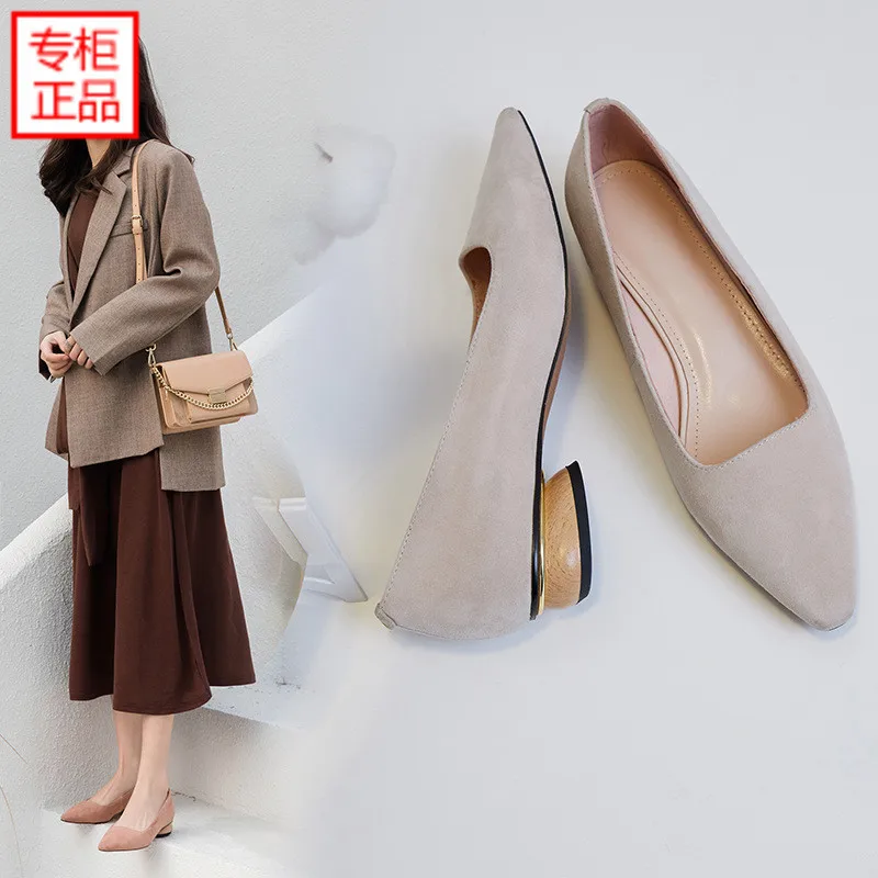 

2019 Spring New Style Pointed Shallow Mouth Chunky-Heel Semi-high Heeled Shoes Female Black Suede Versitile Fashion High Heel Sh