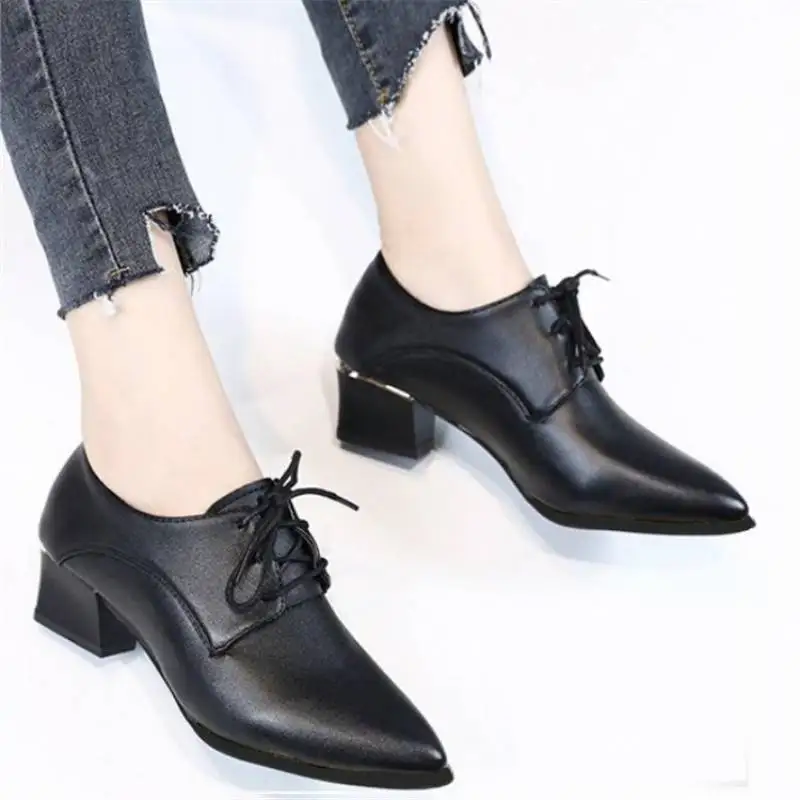 

Новинка 2021, демисезонные кожаные туфли на шнуровке, женские туфли на среднем каблуке, с острым носком, на толстом каблуке