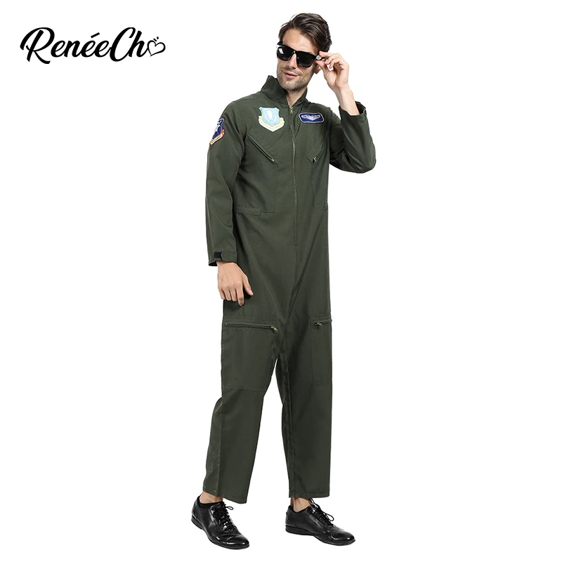Reneecho Мужской Топ пистолет полета костюм Хэллоуин костюм для взрослых Плюс Размер Flightsuit