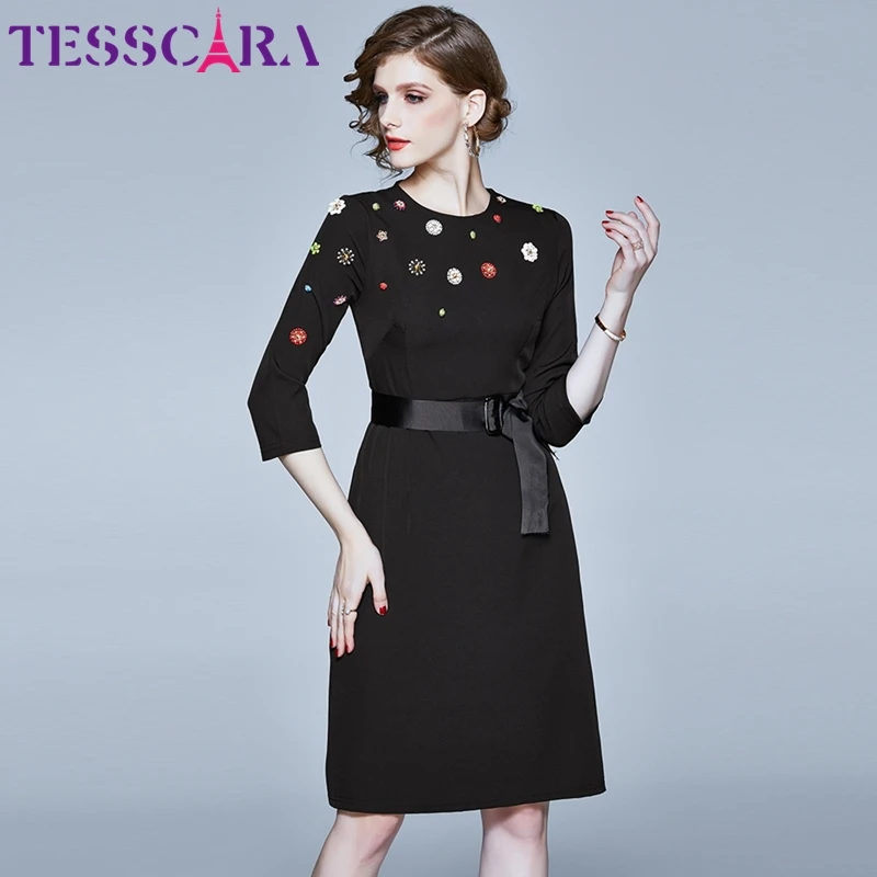 TESSCARA, женское осеннее элегантное платье с бисером, Женские Дизайнерские офисные вечерние платья, высокое качество, винтажное коктейльное платье