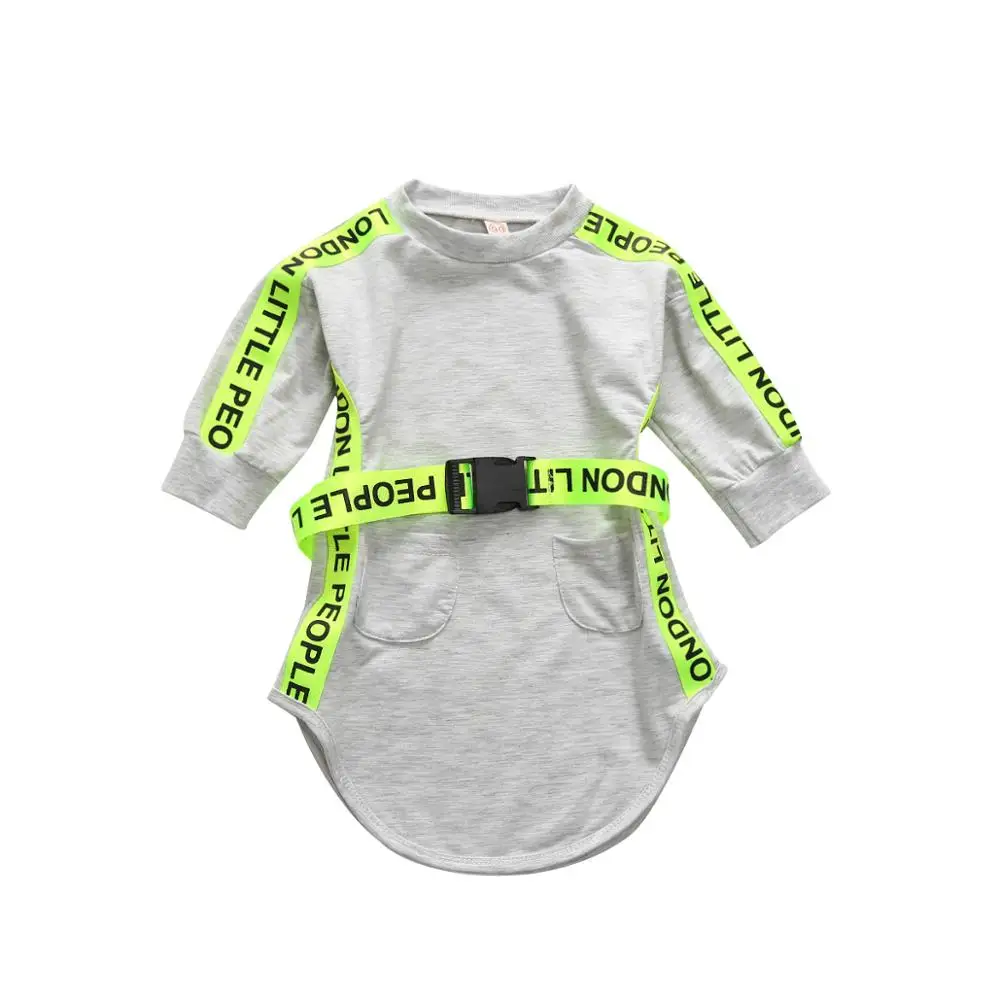 1-5T Little Girls Grey Sweatshirt Long Sleeve Dresses Toddler Fall/Autumn Back to School Dress with Belt Kid | Детская одежда и