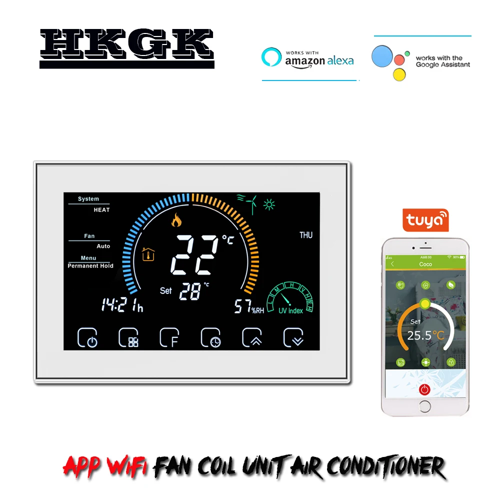 TUYA WiFi 4.8 inch screen 2pipe 4pipe Fan coil thermostat for heating and cooling,Works with Alexa and Google Home afbeelding