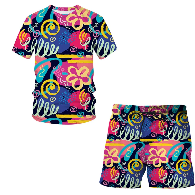 

2021 New summer 3D Graffiti abstraction suit men and women fashion T-shirt short sleeve + shorts cute T-shirt 2-piece set