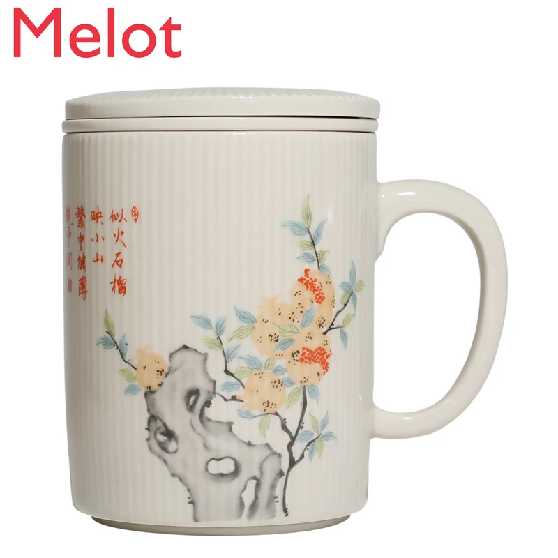

Grass and Wood Gray Vintage Ceramic Mug Filtered Tea Cup with Lid Office Tea Brewing Cup