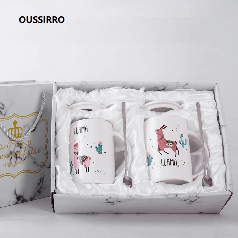 

OUSSIRRO European style Mug Simple Alpaca Pattern Ceramics coffee Mugs Lid and Spoon with Gift Box Christmas Gift for Friends