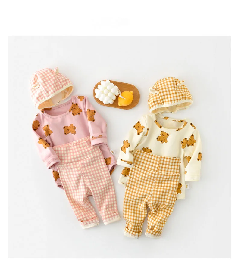 new baby clothing set	 MILANCEL 2022 Spring New Baby Clothing Set  Bear Bodysuits And Plaid Pants Bear Hat 3 Pcs Infant Girls Suits new baby clothing set	