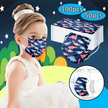 

50/100PCS Dinosaur Printed Disposable Mask Children Kids 3 Layers Filter Masks Breathable Non-woven Mouth Cover Masques Jetables