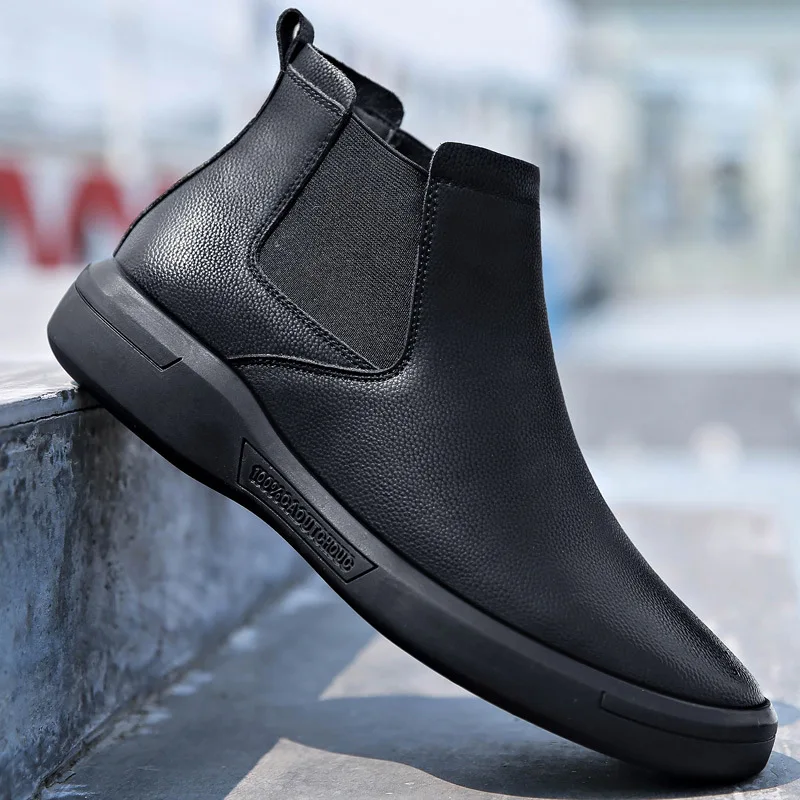 

Winter Men plus Velvet Warm Short Boots Sleeve Genuine Leather Chelsea Boots Anti-slip Wear-Resistant Bootie Hight-top MEN'S SHO
