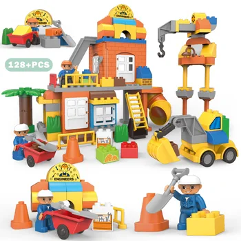 

Big Size City Construction DIY Excavator Vehicles Bulldoze Robot Figures Building Blocks Compatible Duploed Brick Kids Toys Gift