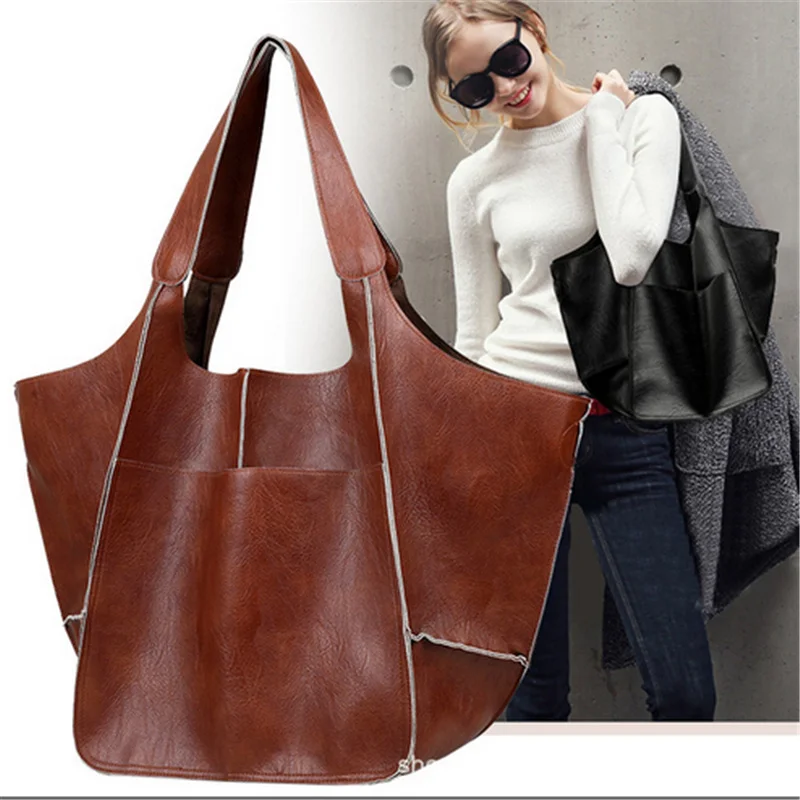 

Casual Large Capacity Tote Women Handbags Designer Vintage PU Leather Shoulder Bag Luxury Female Travel Bag