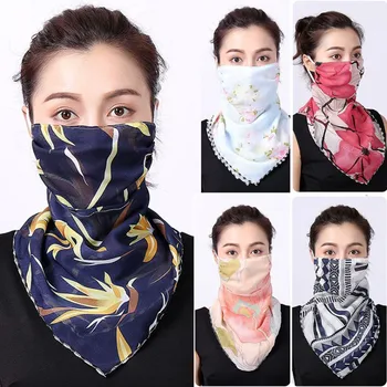 

2020 Women Casual Sunscreen Mask Neck Scarf Mask Chiffon Print Thin Mask Scarf Riding Masks Protective silk Scarf Handkerchief