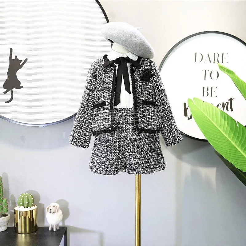 

NEW girls winter clothing set long-sleeved plaid cardigan + shorts suit blazer clothes set kids children coat skirt set
