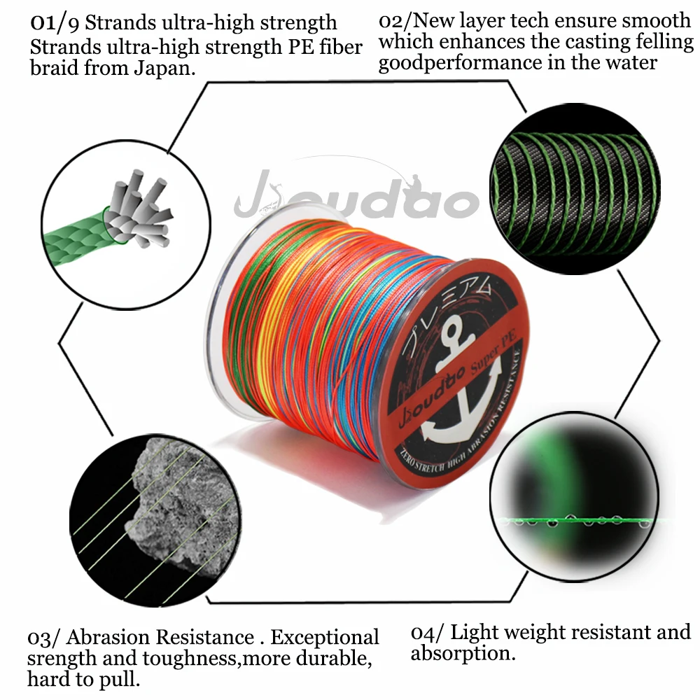 Jioudao Fishing Line W9 300M 500M 1000M 1500M 9 Strands Multicolor Braided Fishing Line Multifilament PE Line 20LB-200LB