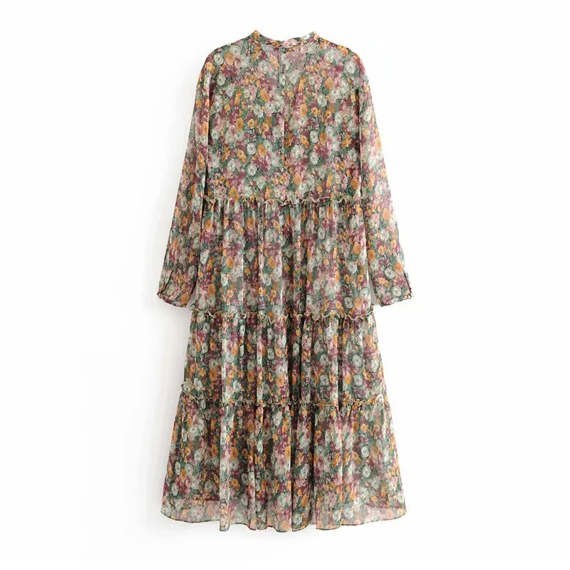 Vintage Elegant Floral Print Chiffon pleated Dress Women Fashion V Neck Long Sleeve Female Midi Dresses Vestidos Mujer