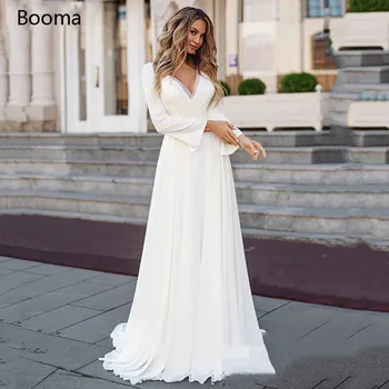 

Booma Beach Chiffon Wedding Dresses Long Sleeve Boho Bridal Gown White Lace Appliques Wedding Gowns Custom Made Plus Size V-neck